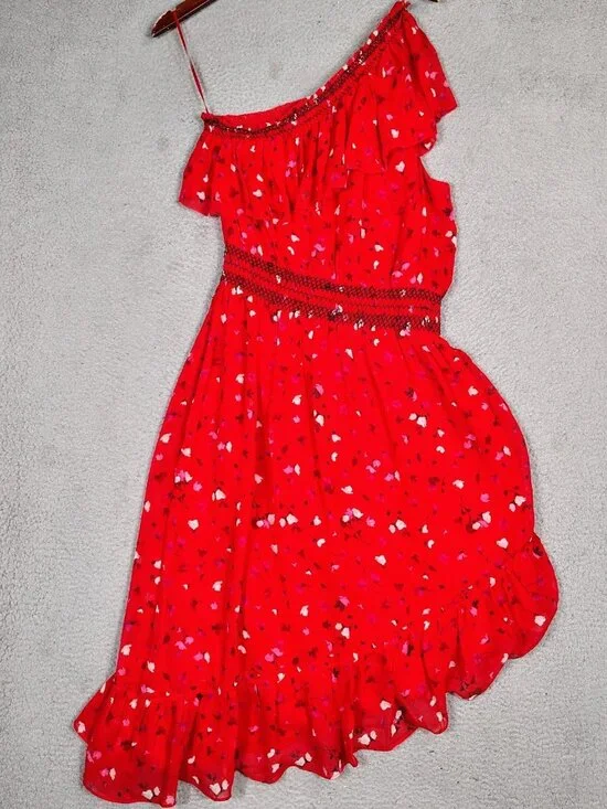 Joie Midi Dress Women's M Red Floral 100% Silk One Shoulder Asymmetrical Hem NWT - Picture 2 of 12